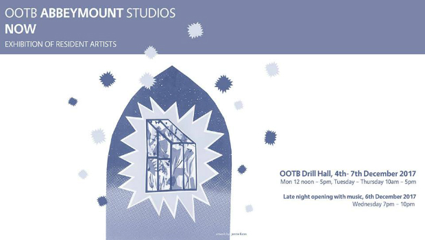 A stylised drawing of a window at Abbeymount Studios, with the exhibition times listed as 4th - 7th December 2017 from 10am to 5pm