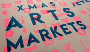 Stylised 'Christmas Arts Markets' poster with magazines, plants, scarves and jewellery