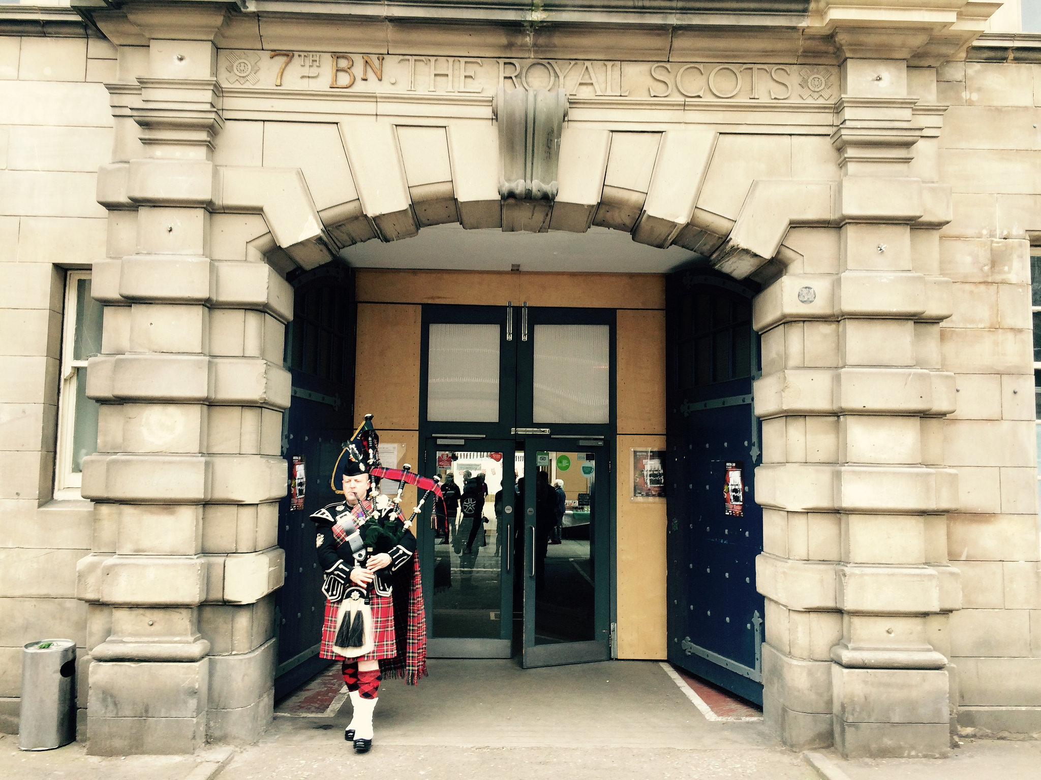Bagpipes being played outside the Drill Hall