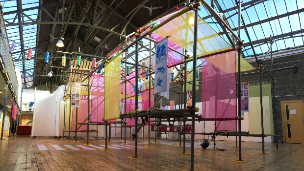 The Drill Hall main atrium with the 'Walk Don't Walk' exhibition erected